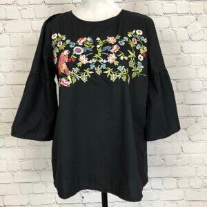 LOFT Black Poplin Blouse Size S Floral Embroidered